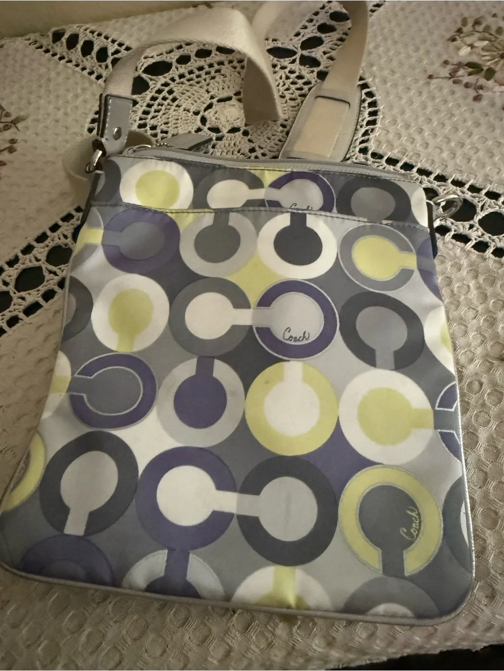 Coach Multicolor Circular-Print Crossbody Bag in Gray, Yellow & Purple